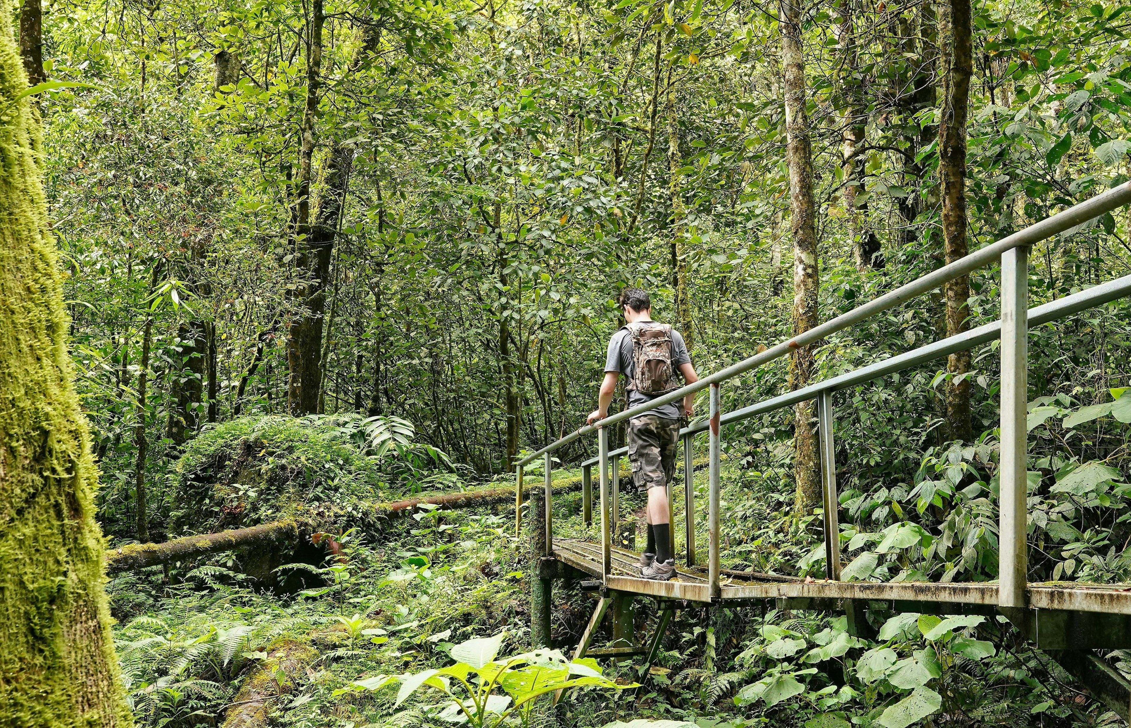 A man wearing a backpack walks across a metal bridge during a hike in Boquete, Panama