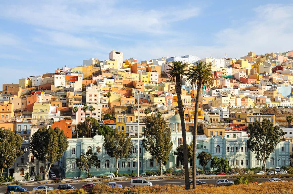 Colorful houses in Las Palmas with palm trees