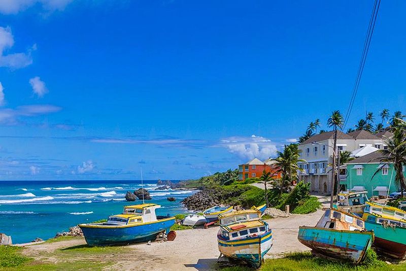 Fishing boats on the coast in a Barbados town