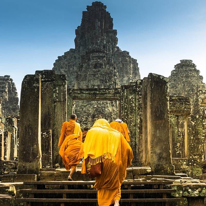 Monks at Bayon Temple, Angkor, Cambodia