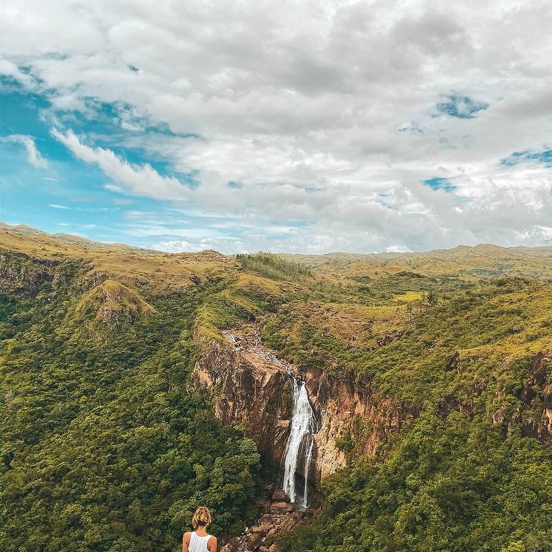 Young traveler woman at waterfall in Chorros de Ola, Panama